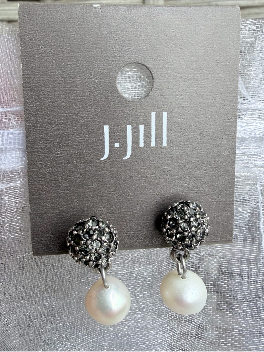 J. Jill Silver Crystal Pave & White Pearl Drop Earrings